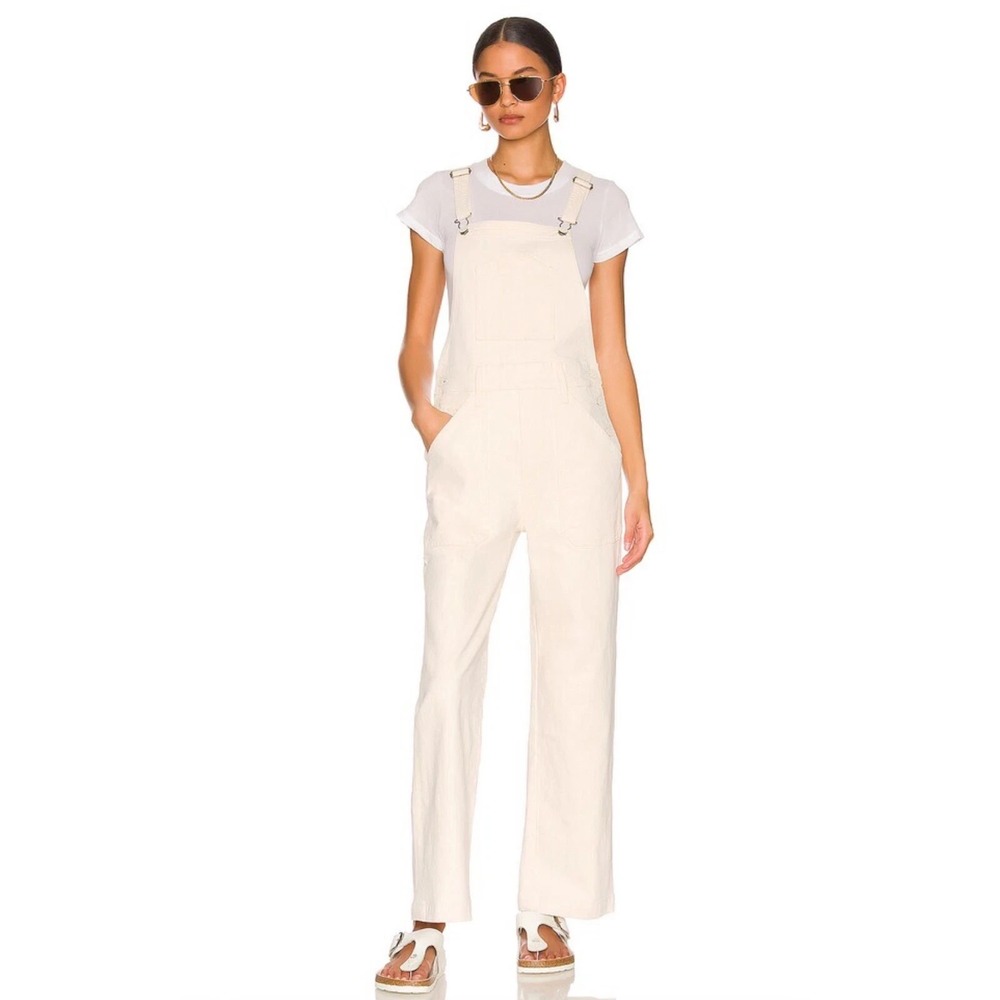 MOTHER Overalls Denim Patch Pocket Ankle Cropped Cream Classic Chic Minimal S